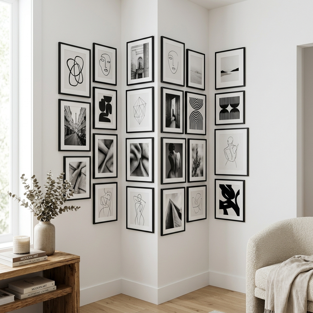 Asymmetrical corner gallery wall layout styled with thin black metal frames and minimalist monochrome prints.