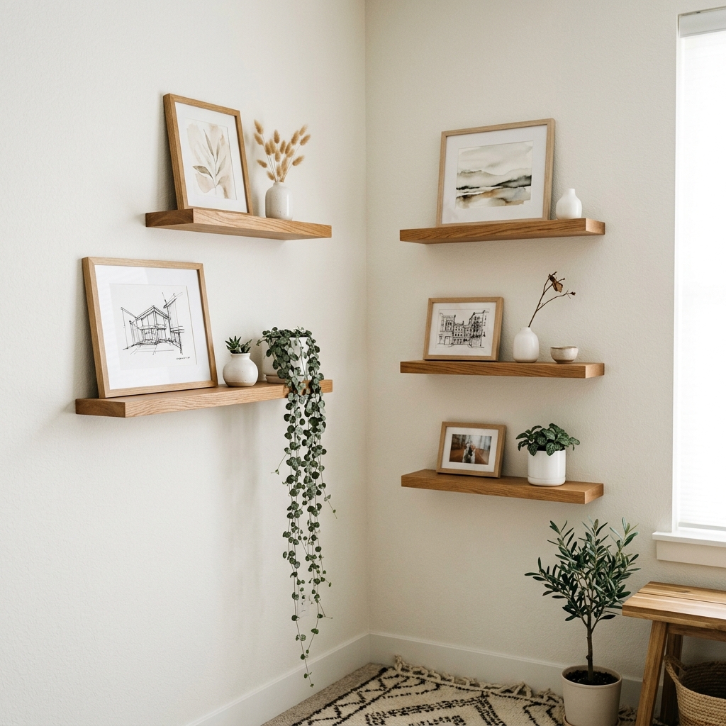 Custom white oak floating shelves meeting in a corner, displaying overlapping framed art and trailing vines.