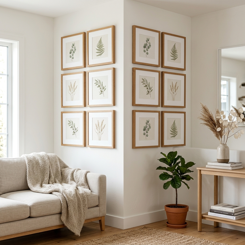 Symmetrical 2x3 grid gallery wrapping a bright interior corner with matching warm oak wood frames.