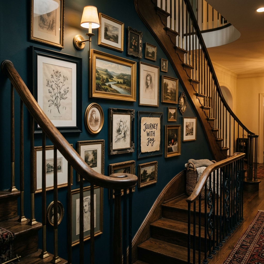 Staircase corner gallery highlighting mixed-metal vintage and modern frames under ambient track spotlights.
