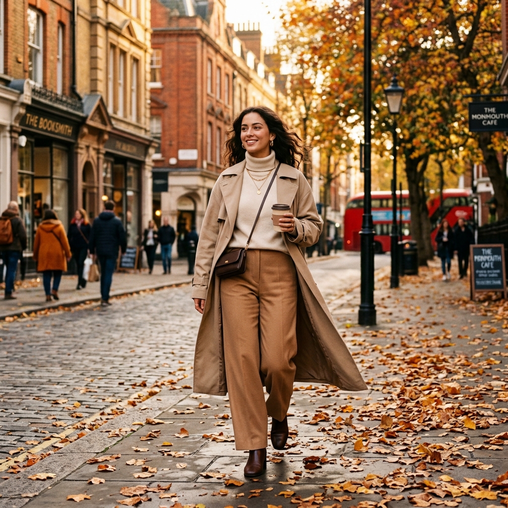 Premium layered trench coat look with flat boots for a transitional boho-autumn street style.