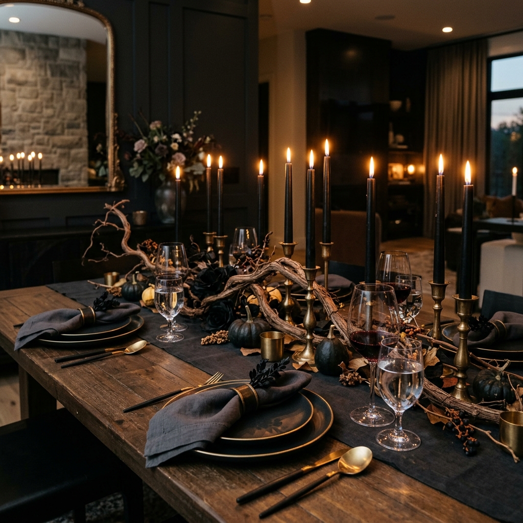 Elegant Halloween dining tablescape. Moody, dark styling with a black linen table runner, glowing black taper candles in vintage brass holders, a gnarled grapevine branch, and charcoal linen napkins.