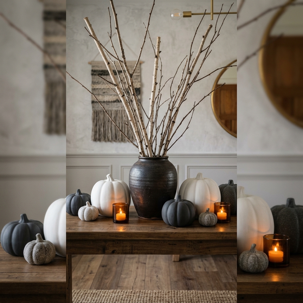 Upscale Halloween entryway console styling. A raw dark ceramic vase holding tall bare birch branches, surrounded by a curation of matte white and charcoal stone pumpkins, and warm glowing amber tealights.