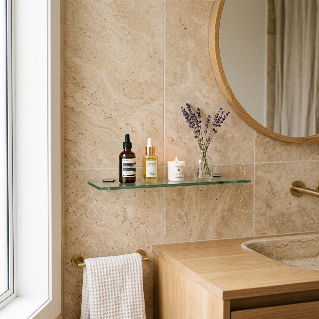 Minimalist bathroom marble surface backdrop displaying clean hands and premium manicure essentials.