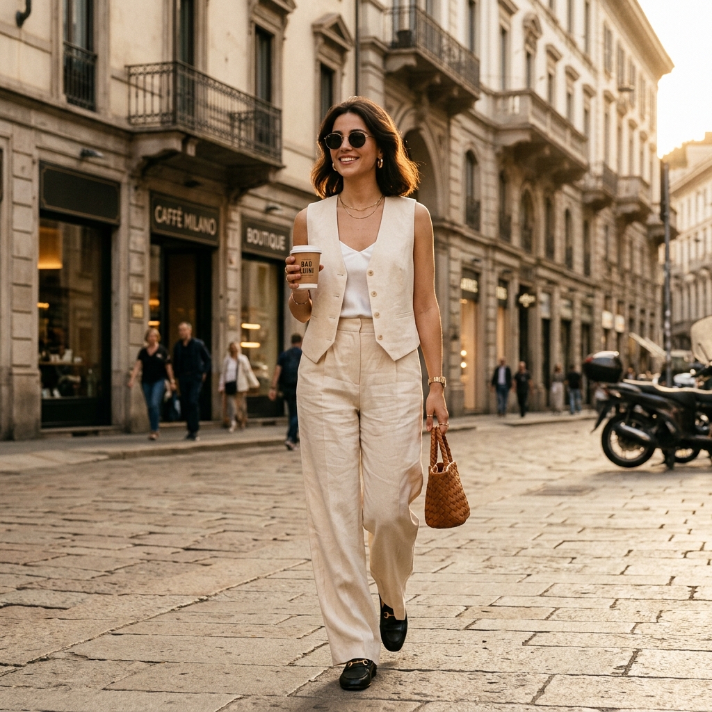 A cream linen vest and trousers set matching coordinates strolling street style look.